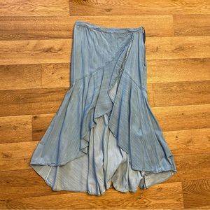 Flattering denim high to low skirt